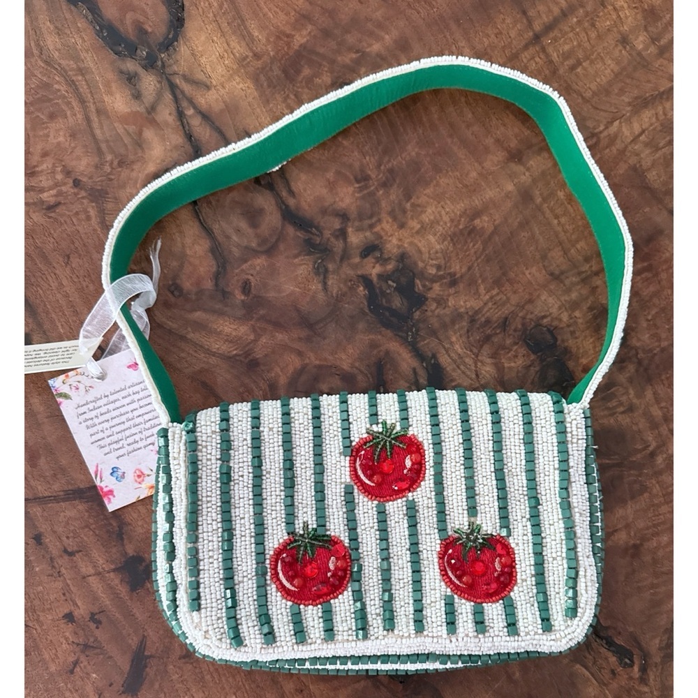 NWT Bead Appliqué Heirloom Tomato Girl Summer Green & White Striped Shoulder Bag - Picture 11 of 13